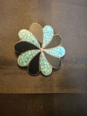 Vintage Taxco Mexico Sterling Silver Turquoise & Onyx Flower Brooch Pendant